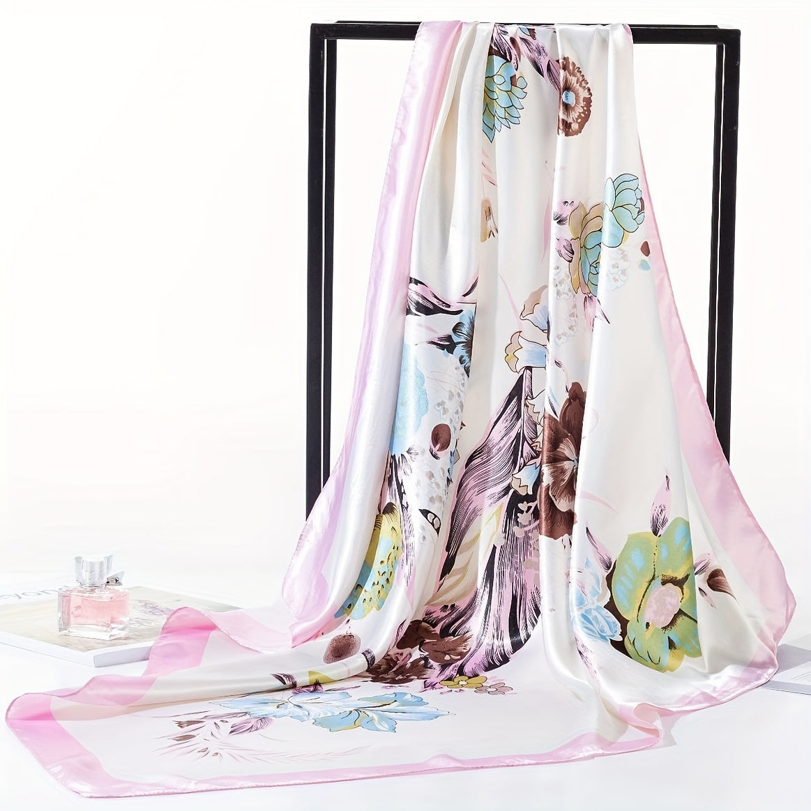 Versatile polyester floral print square scarf for women, featuring a classic style that is breathable, lightweight, and offers sun protection.