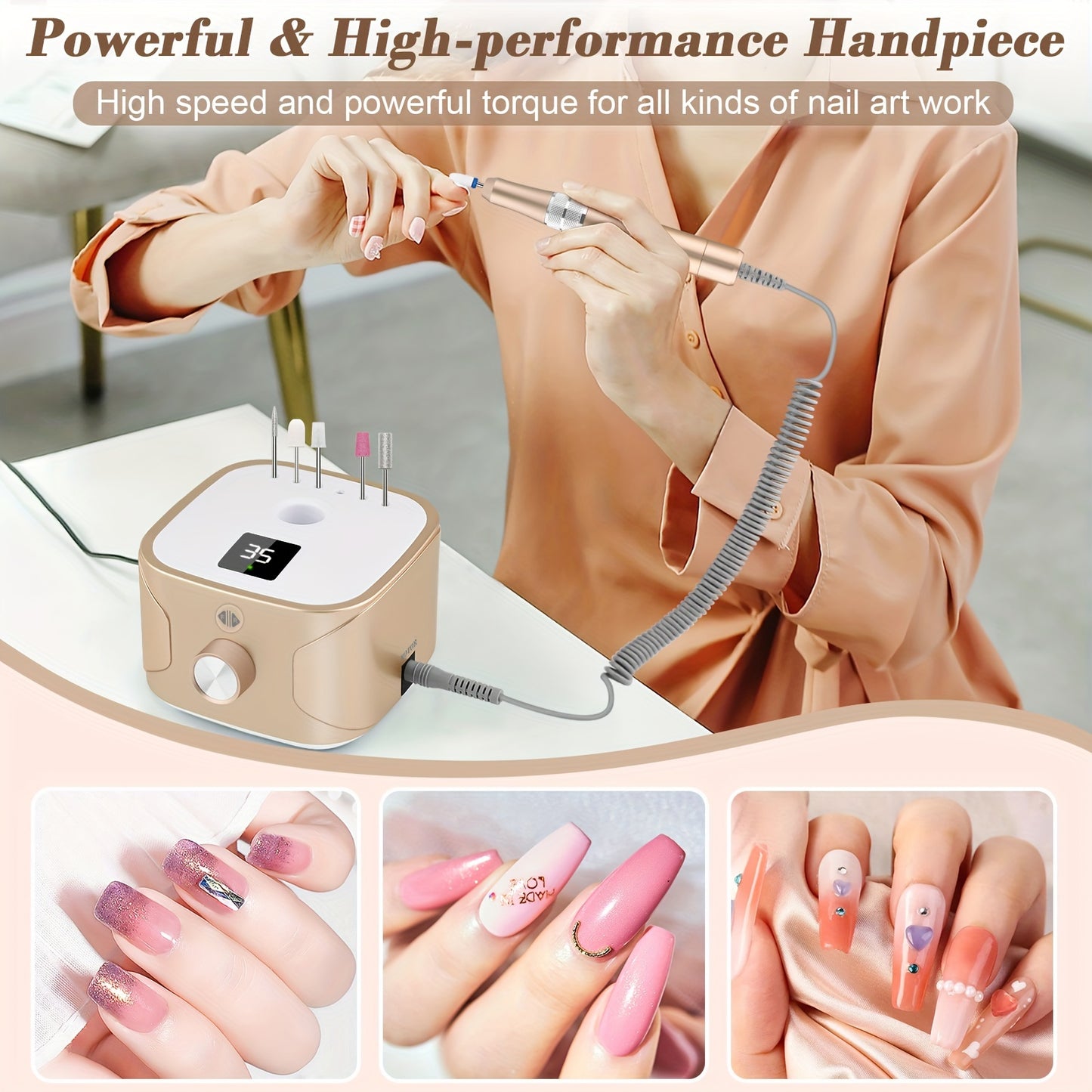 Electric nail sanding machine with LED display and 11 drill heads, suitable for nail art, pedicure, and nail glue removal. 35000rpm speed, 220V European plug.