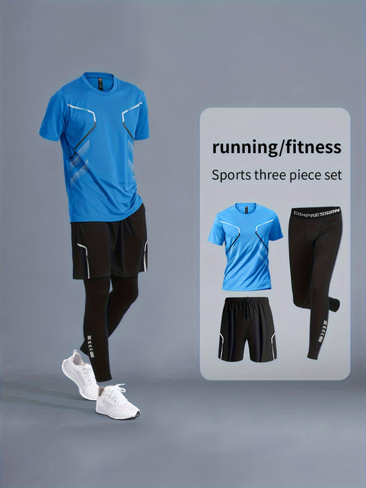 Men's 3-piece printed quick-drying sports set for basketball, fitness, running, and cycling.