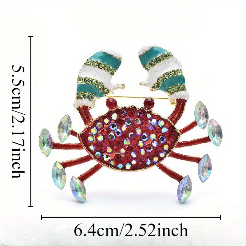 Elegant Rhinestone-Covered Crab Brooch Pin - Adorned with Red & Multicolor Gems, Perfect for Suit Jackets & Special Occasions, Great Gift for Couples