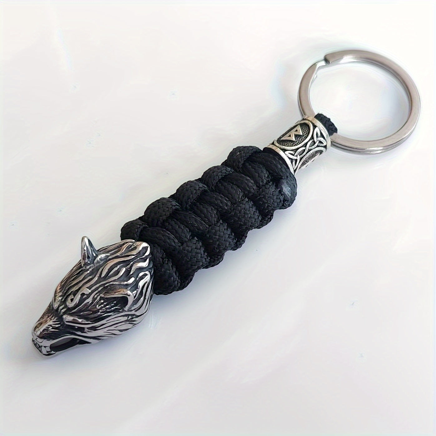 Men's Fashion Accessory: Viking Wolf Head Keychain in Stainless Steel - Hand-Woven Polyester, Sporty and Stylish Key Chain