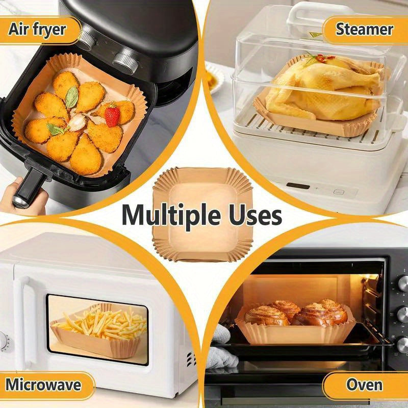 Square Air Fryer Liners - 50/100 Pieces, Multi-Layered, Safe for Microwave & Oven, Ideal for Baking and Cooking