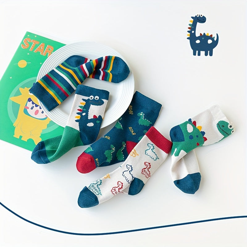 10 pairs of boys' cute dinosaur pattern crew socks, perfect for outdoor activities in the summer.