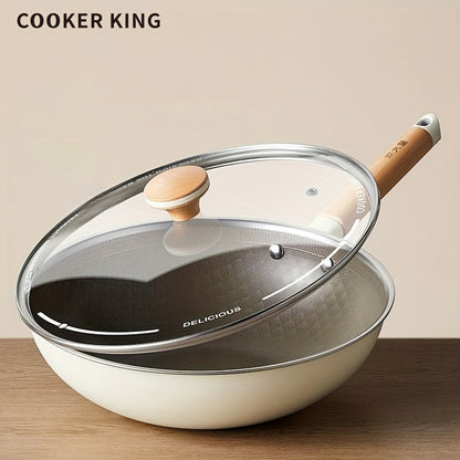 The COOKER KING Chef's Pan is a non-stick wok with a Titanium coating and stainless steel construction for healthy cooking. It features multi-layer construction, no chemical coating, and is PTFE & PFOA free. The pan is also induction compatible and comes