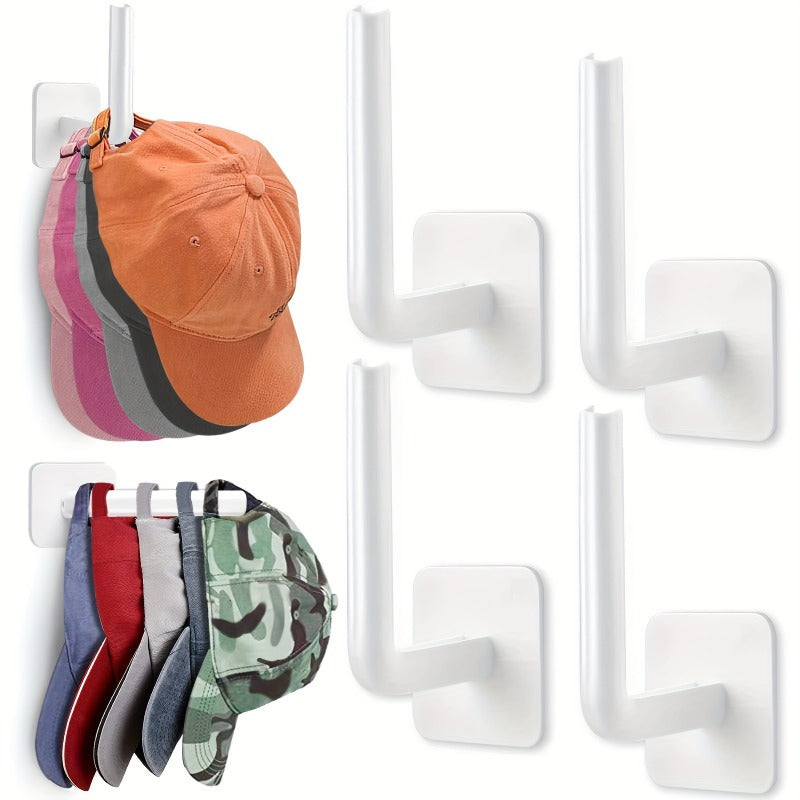 Pack of four plastic hat hooks that are self-adhesive and punch-free - they can be easily mounted on the ceiling without the need for electricity. These hooks are ideal for organizing your entryway, bathroom, or bedroom in a space-efficient manner using