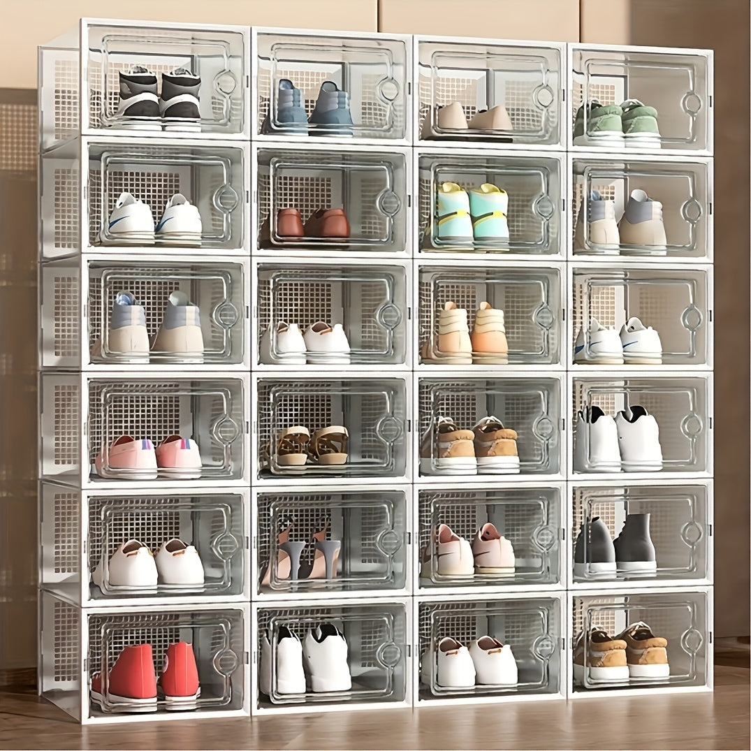 A range of multifunctional household furniture is available in sets of 4, 12, or 18 pieces. These stackable shoe rack storage boxes are waterproof and dustproof, making them perfect for sports shoes. The rectangular plastic shoe cabinets have snap