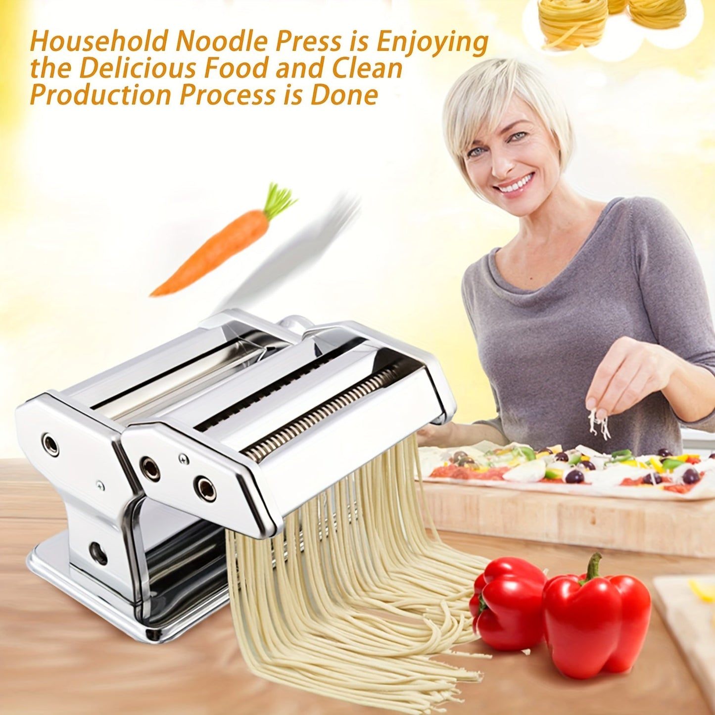 Manual Pasta Maker Machine with Hand Press, 8 Adjustable Thickness Settings, Washable Aluminum Alloy Roller and Cutter