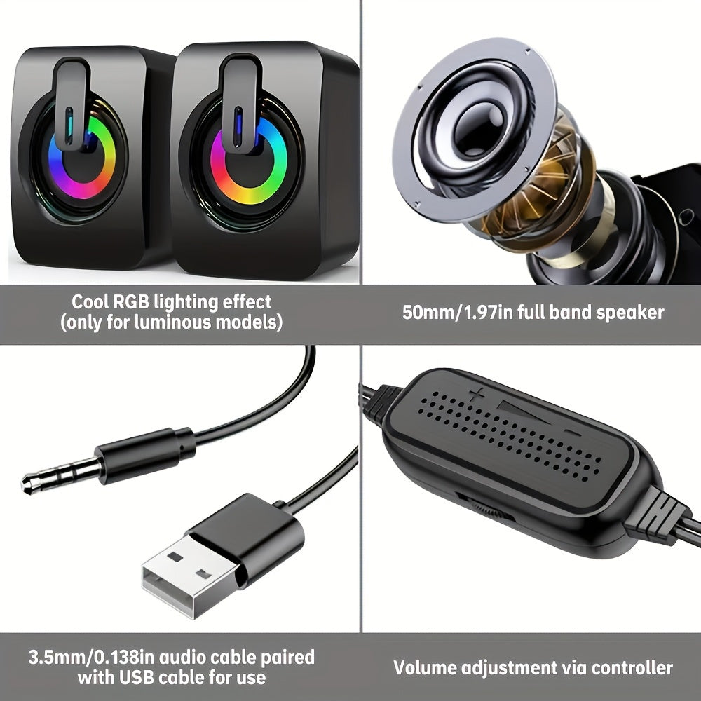 USB wired computer speaker with LED light for home office desktop gaming.