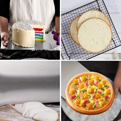 Premium stainless steel cake transfer board with silicone spatula, perfect for holiday baking, pastry, and pizza serving. Ideal for both home and professional use. Ergonomic design for professional baking aid.