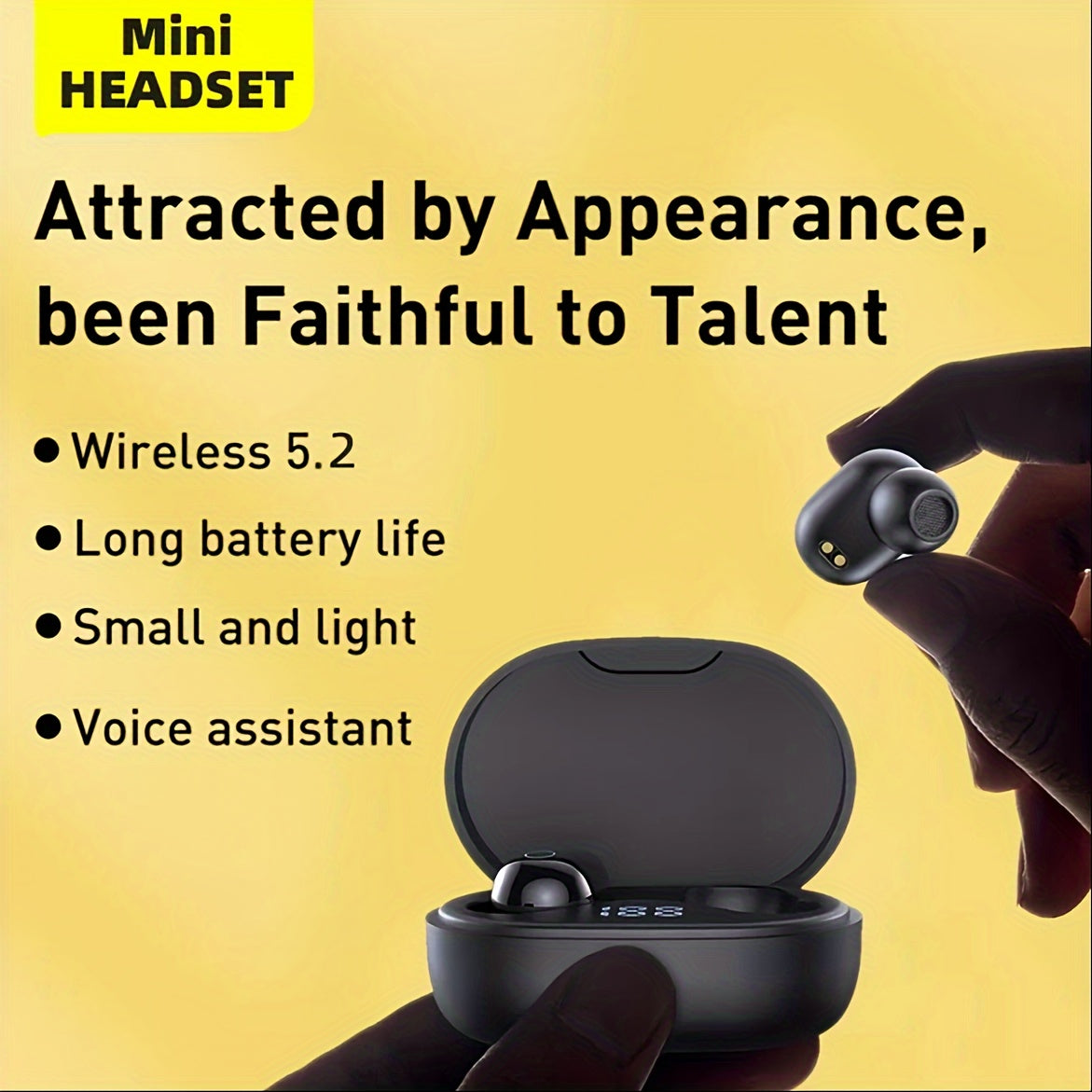 Mini Wireless Earbuds with LED display and HiFi sound, plastic material, media control, condenser microphone, lithium polymer battery, USB charging, ≤36V operation voltage, suitable for