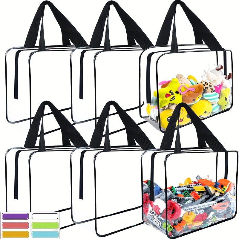 Clear PVC Toy Storage Bags with Zipper, 6-Pack - Large Size, Waterproof, Reusable Travel Organizers for Puzzle Pieces, Building Blocks, Crafts, and Books. Ideal for Unfinished Projects, Weather-Resistant, Spacious with Over 3.2 Cubic Feet Capacity and