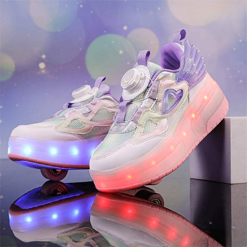 Breathable, durable, and stylish girls' light-up roller skates with rotating buckle closure.