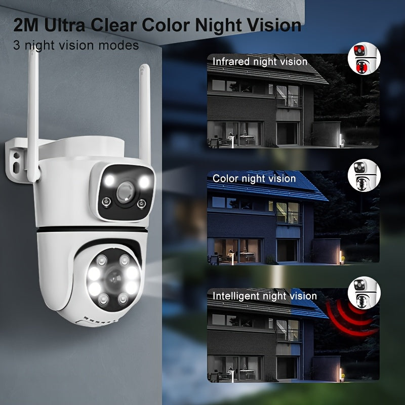 Teruhal 2K HD Wireless Outdoor Security Camera with Dual Lens, Auto Rotating PTZ, Night Vision, Motion Detection, Two-Way Audio, IP66 Waterproof, Wall Mount, App Control, USB Powered. Offers 1080p Resolution and Compatibility with Smartphones.