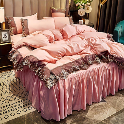 Modern luxury polyester duvet cover set with 2-3 pieces. Solid color with golden lace details. Soft, comfortable, and breathable with zipper closure. Suitable for bedroom, guest room, and