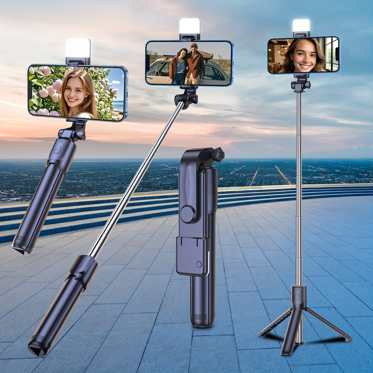 A versatile camera with selfie pole and tripod for travel, live broadcasting, and video recording.