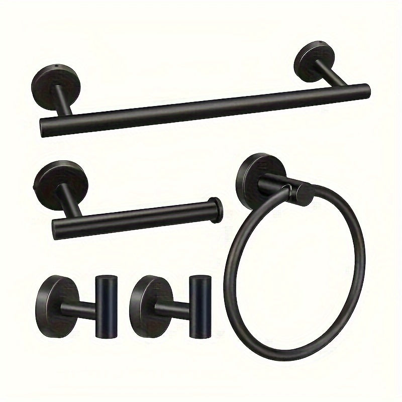 Five-piece set of bathroom accessories including a stainless steel towel rod, bath towel rod, toilet paper holder, towel ring, and Yukata hook, suitable for use in hotels or homes. Ideal for upgrading your bathroom.