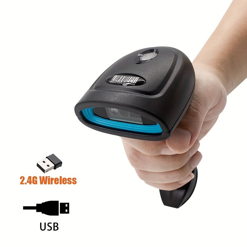 Handheld 2D barcode scanner with USB wired and wireless connection, ideal for retail, warehouse, and mobile payments. Features high-performance CMOS sensor, portable and rechargeable