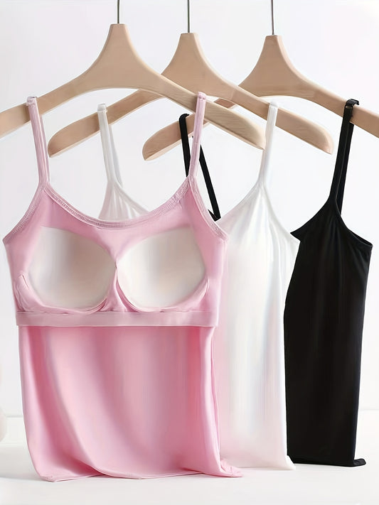 3 padded camisoles with bra straps for comfortable leisure wear at home