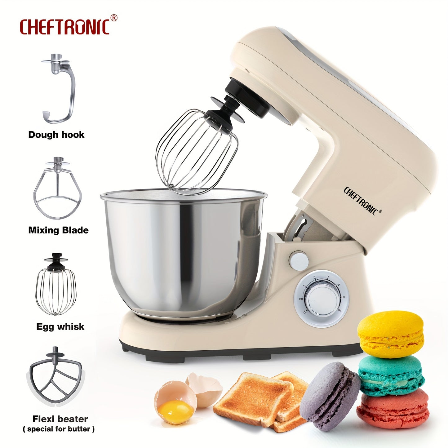 CHEFTRONIC 5.5QT Stand Mixer - 1300W 6-tezlikli Tilt-Head Oshxona Elektr Mikseri, Xamir Qopqog'i, Tuxum Qamchisi, Aralashtirish Pichog'i va Qamchi bilan - Pishirish va Ovqat Tayyorlash uchun Ideal, Metall+Plastik Tanasi.