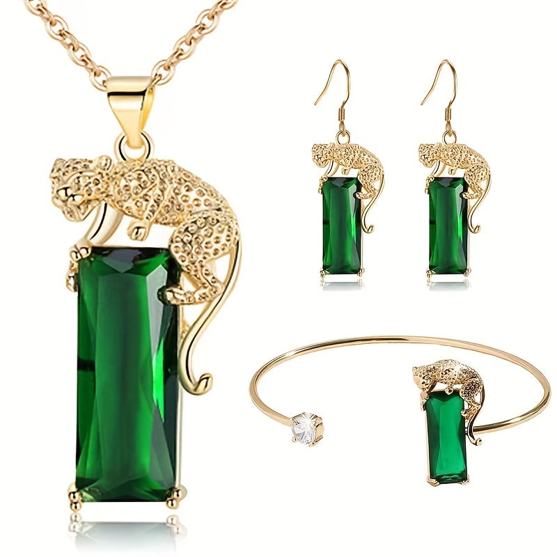 Green zirconia inlaid rectangle leopard design copper jewelry set that includes 1 pair of dangle earrings, 1 necklace, and 1 bracelet - a unique and stylish personality gift.