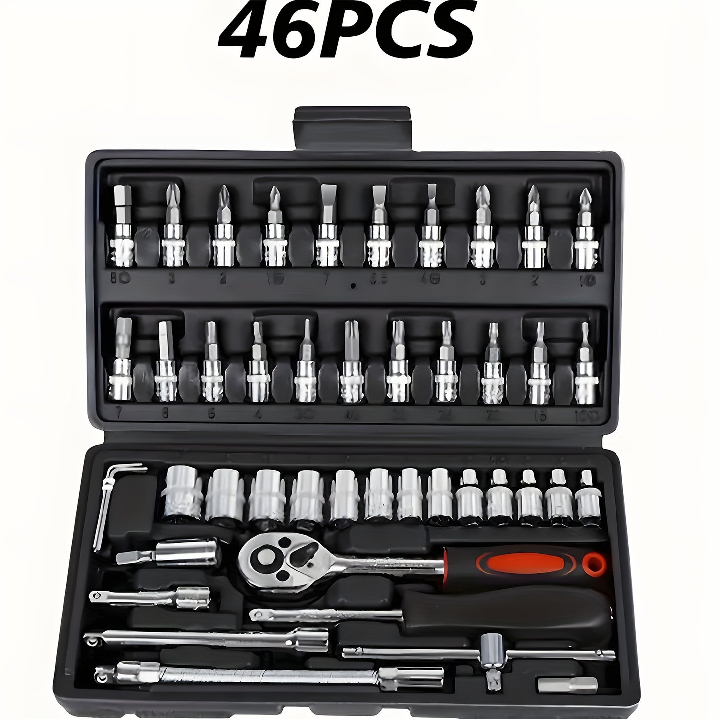 46 piece 1/4" Drive Ratchet Wrench Set with Metric and Extended Rod Drill Bit. Suitable for car repair and home use. High quality ratchet wrench and screwdriver set. Ultra portable with