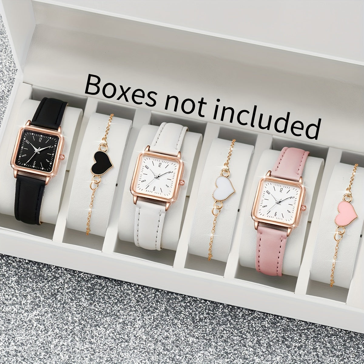 Black and white pink square ladies quartz watch set with 6 pieces, watch box not included.