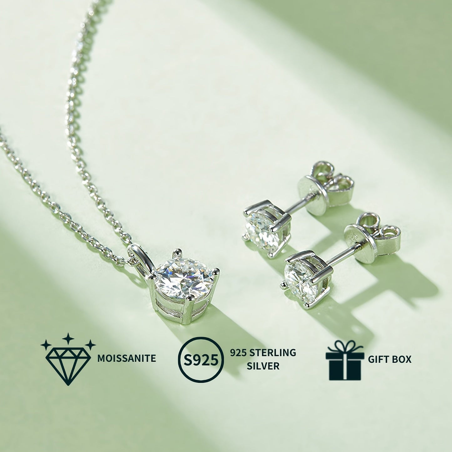 Stylish Moissanite Jewelry Set for Women - Featuring a 1.0CT/2.0CT Pendant Necklace & Stud Earrings, Beautifully White Gold Plated S925 Silver, Ideal for Engagement, Wedding, or Special Occasions. Comes with a Luxurious Gift Box, Perfect for Gifting at