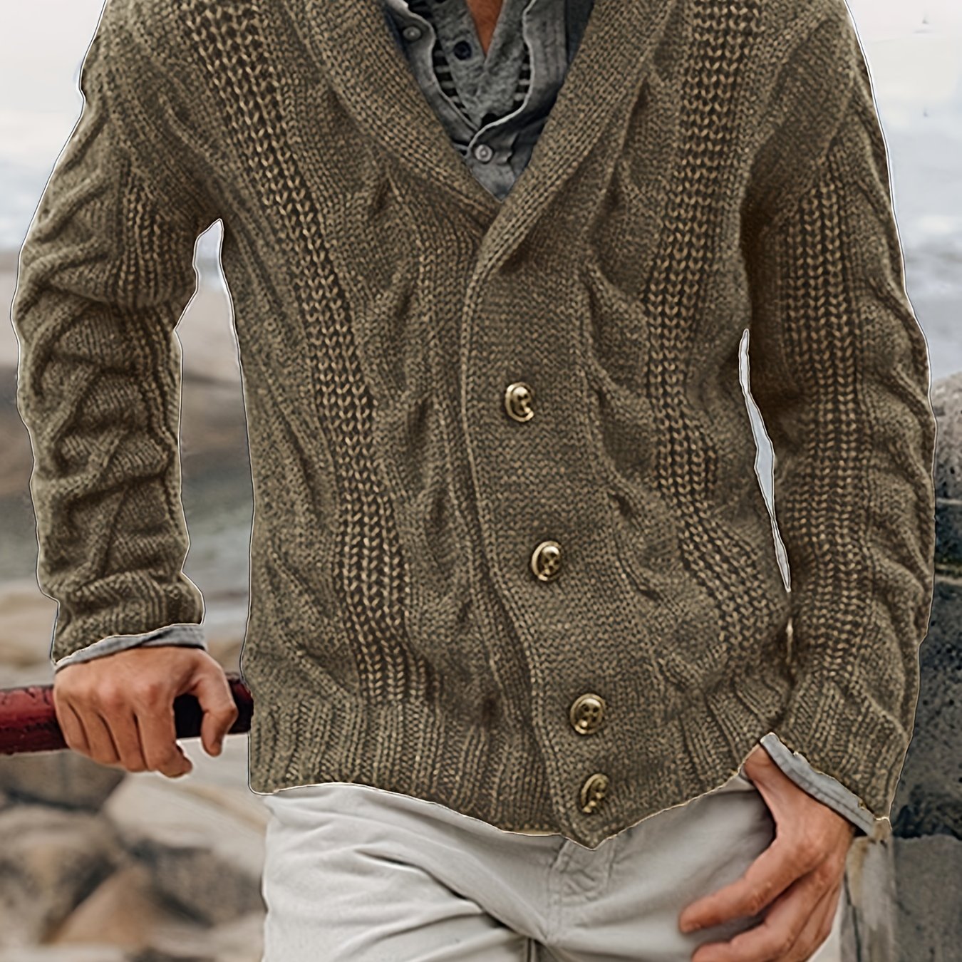 Men's casual knit polyester cardigan sweater in solid color with long sleeves, drop shoulder, lapel collar, button details; ideal for fall/winter layering. Features a classic, relaxed fit