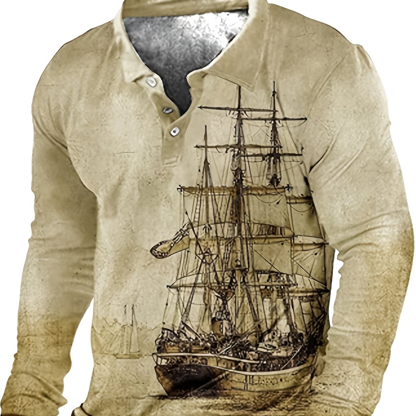 Oversized men's sailboat print shirt for spring/autumn, long sleeve golf shirt, plus size men's clothing