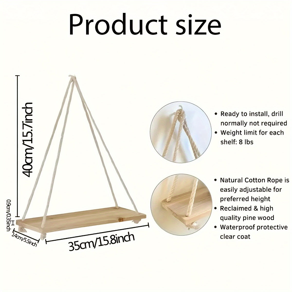 Wooden Swing Wall Rack with Hanging Rope for Plant Pot Storage and Garden Decoration in Floating Home Living Room.