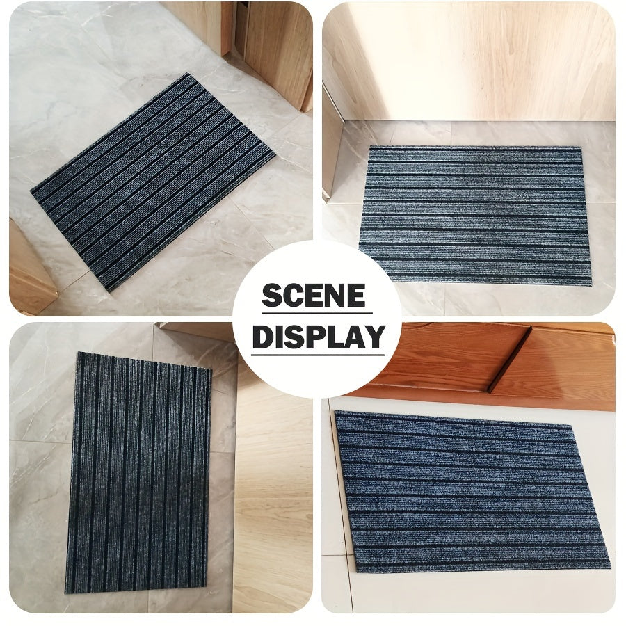 Household mat in gray stripes, designed to prevent slipping and repel dust and stains. Suitable for indoor, kitchen, and bedroom use. Can be cut to size with options available in various dimensions (101.6cm x 152.4cm, 127.0cm x 203.2cm, 114.3cm x 3.05m