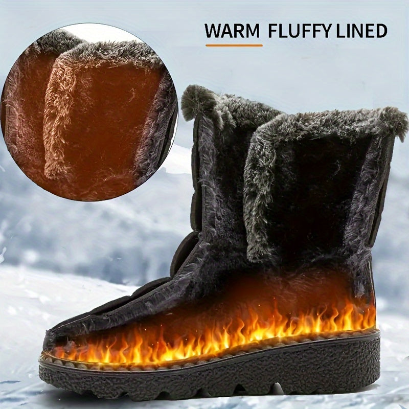 Women's cozy winter snow boots with warm fleece lining, waterproof features, thick traction sole, non-slip, black color. Ideal for outdoor adventures.