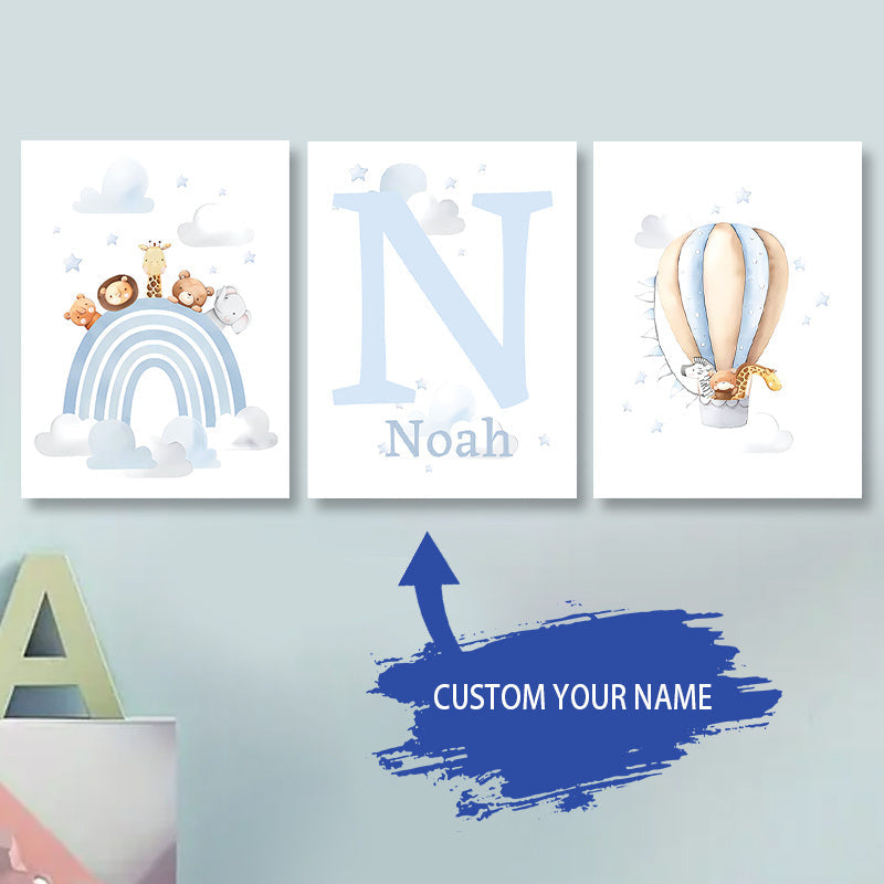 Customize Your Space with the Dreamy Design 3-Piece Initial Wall Art Set - Featuring Hot Air Balloon and Blue Rainbow Canvas Prints, Perfect for Nursery, Kids' Room, Bedroom, or Dining Area