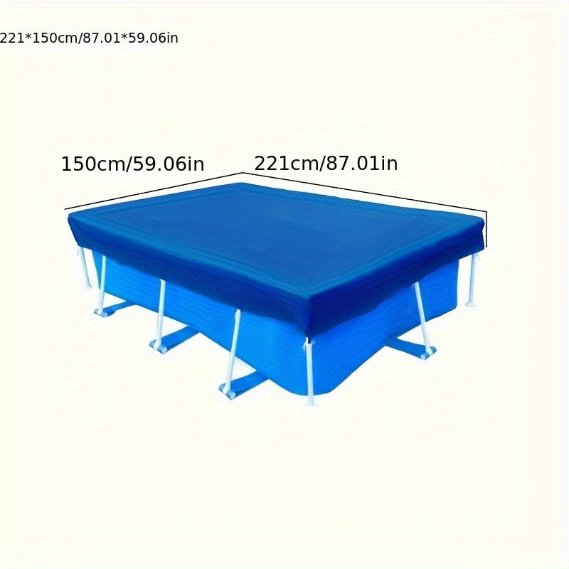 Blue square pool cover with frame for above ground pools, providing UV protection and safety. Ideal for outdoor, indoor, garden, and camping use. Shields against leaves, water, snow, and