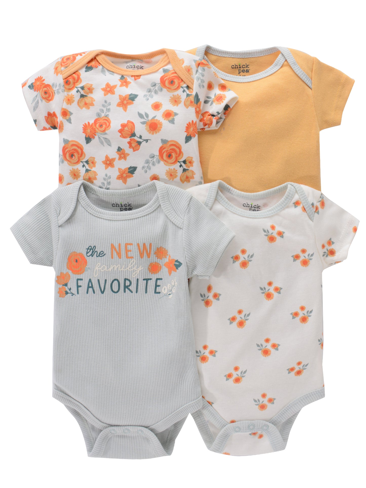 4-piece set of newborn short sleeve one-piece suits with alphabet print and embroidery. Suitable for babies aged 0-9 months.