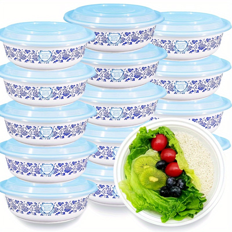 Set of 22 450ml Blue and White Porcelain Pattern Meal Prep Containers with Lids - Made of BPA-Free, Stackable, Reusable Materials, Safe for Microwave/Dishwasher/Freezer Use - Perfect for Soups, Salads, Desserts, Snacks, and Food Organization|Elegant