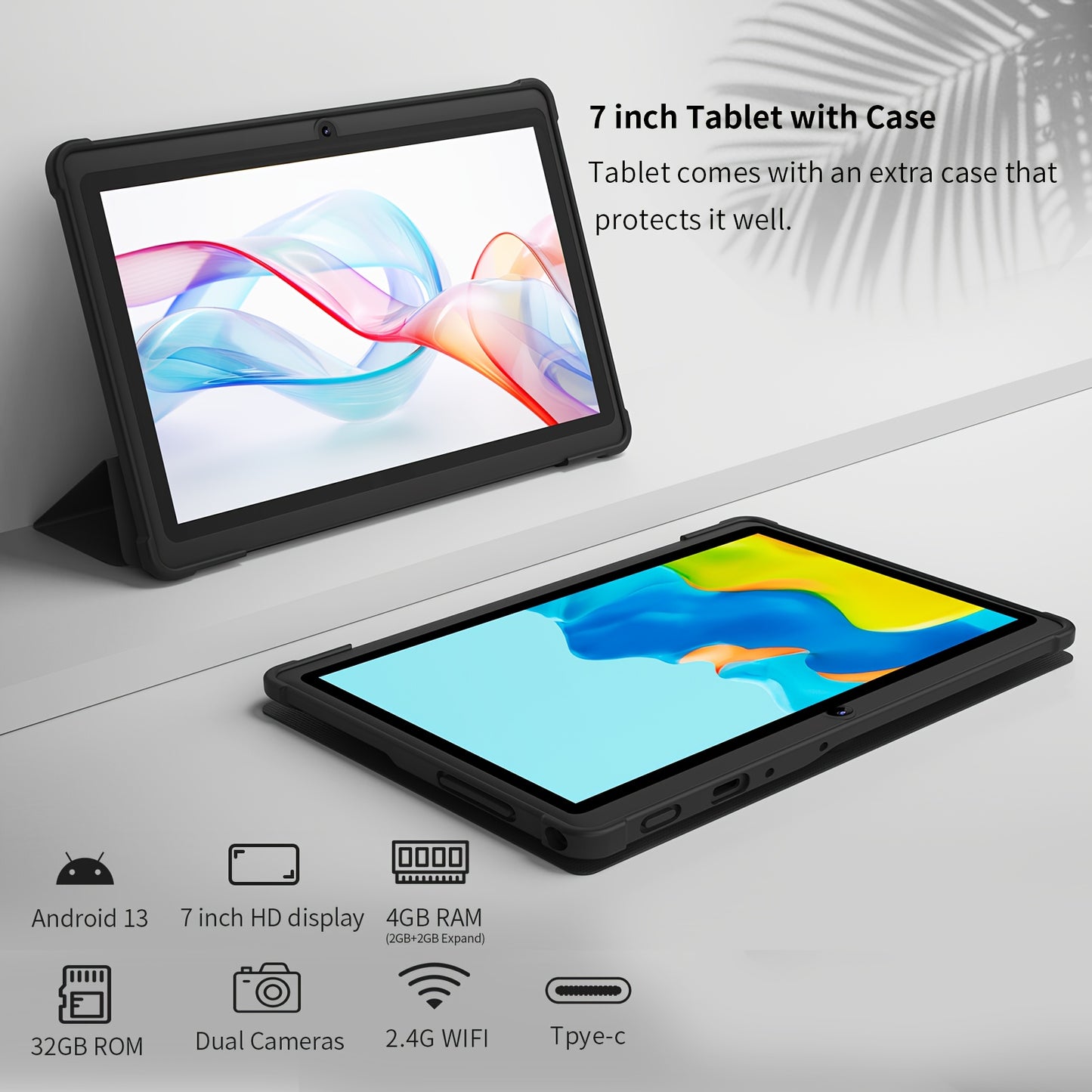 PRITOM 7-inch Android 13 Tablet with Protective Case, 4GB RAM, 32GB ROM, Quad-Core Processor, 1TB Expansion, HD IPS Display, Dual Cameras, Dual WiFi, New Tablet 2025.