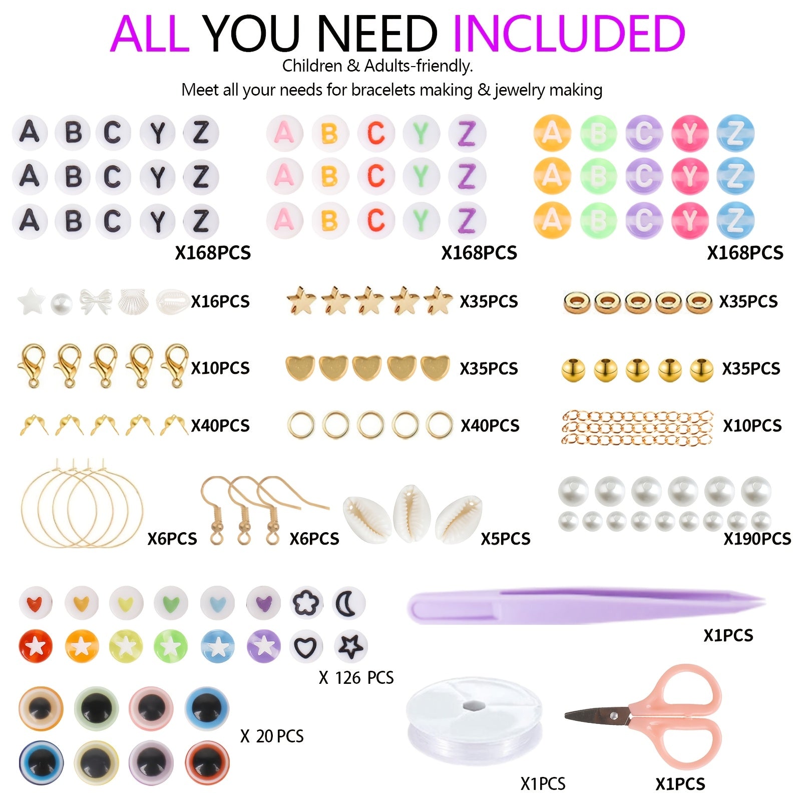 Kit includes 8315 pieces of Boho style 3mm glass round seed beads in 24 vibrant colors, along with acrylic letter beads for jewelry making. Also includes scissors and thread for friendship bracelet crafting. Suitable for daily wear and gifting occasions