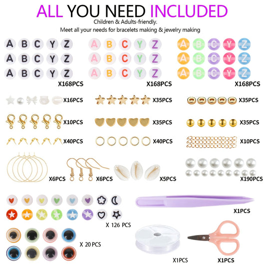 Kit includes 8315 pieces of Boho style 3mm glass round seed beads in 24 vibrant colors, along with acrylic letter beads for jewelry making. Also includes scissors and thread for friendship bracelet crafting. Suitable for daily wear and gifting occasions