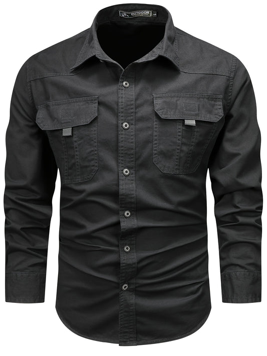 Men's Cotton Cargo Shirt with Large Pockets, Ideal for Outdoor or Casual Wear, Machine Washable