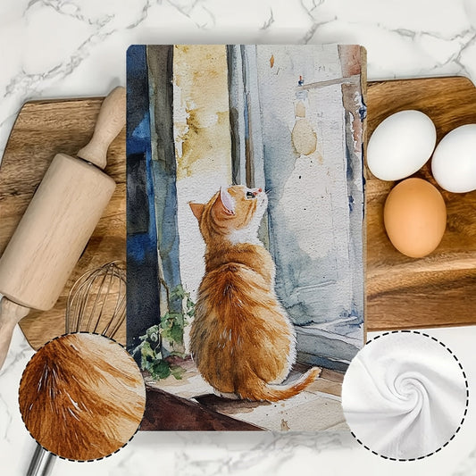 Adorable Orange Kitten Peeking Design Kitchen Towels - Set of 2, Ultra Soft, Highly Absorbent & Machine Washable Dish Hand Towels. Perfect for Home Decor in a Contemporary Coastal Theme. Size: 40.64x60.96 cm. A Must-Have for your Kitchen!