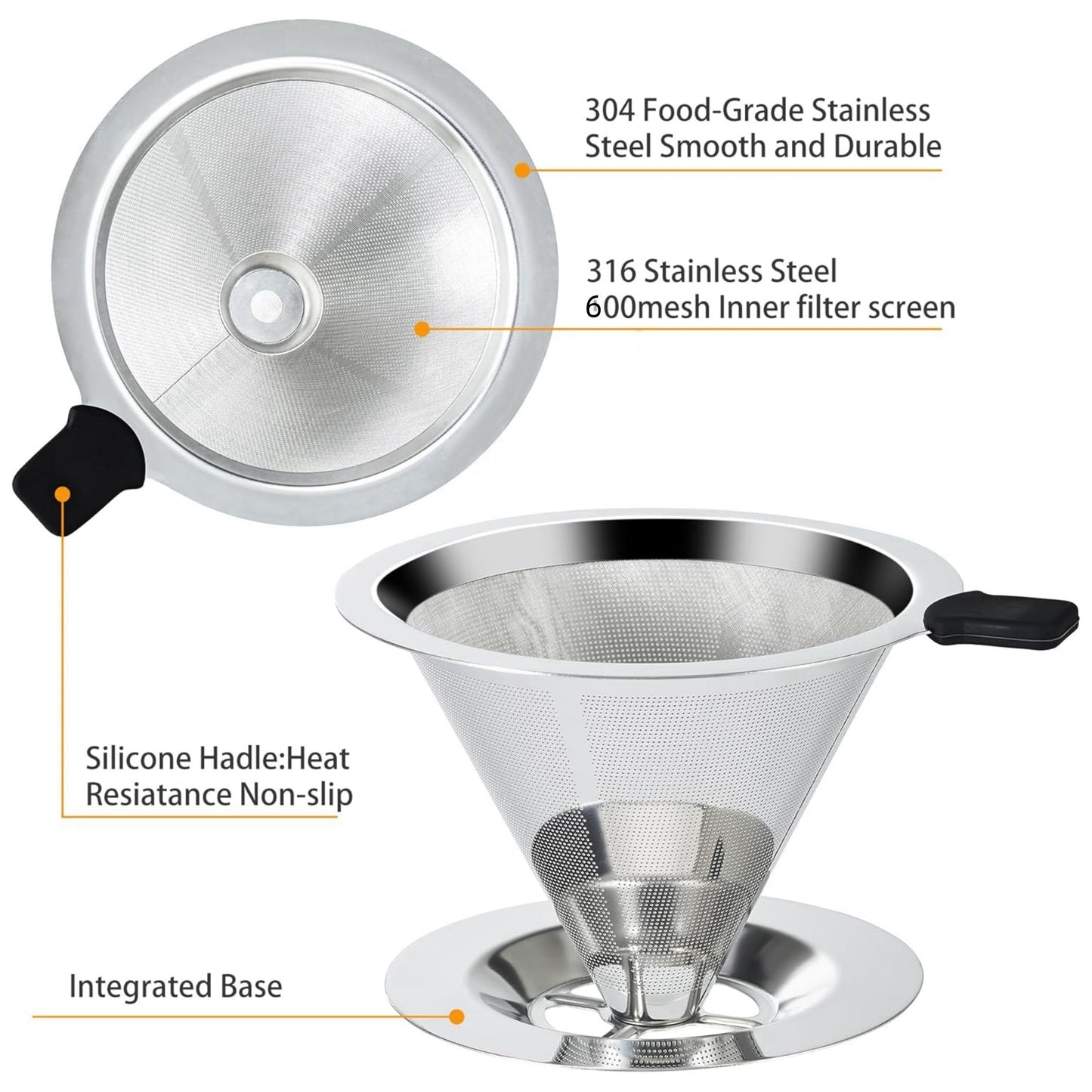 Single Cup Stainless Steel Pour Over Coffee Filter with Double Mesh Cone Design and Integrated Fine Mesh Strainer - Eliminates the Need for Paper Filters