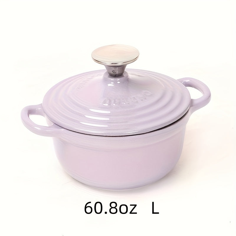 Enameled cast iron health pot, versatile for cooking rice and other dishes on induction, ceramic, electric, halogen, and gas cooktops. Comes in two sizes: 30.4oz and 60.8oz. Boasts enamel non-stick coating for easy cleaning.