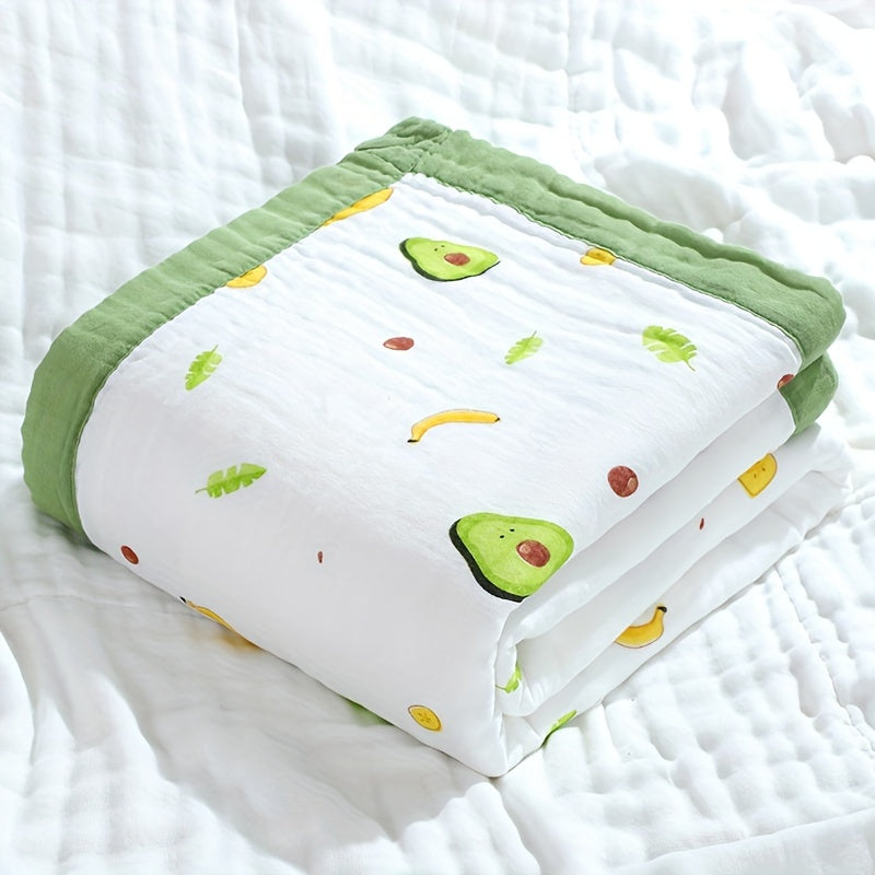 Soft cotton kids' towel measuring 109.22x109.22 cm with cartoon avocado design. Highly absorbent, machine washable, and versatile for ages 0-14.