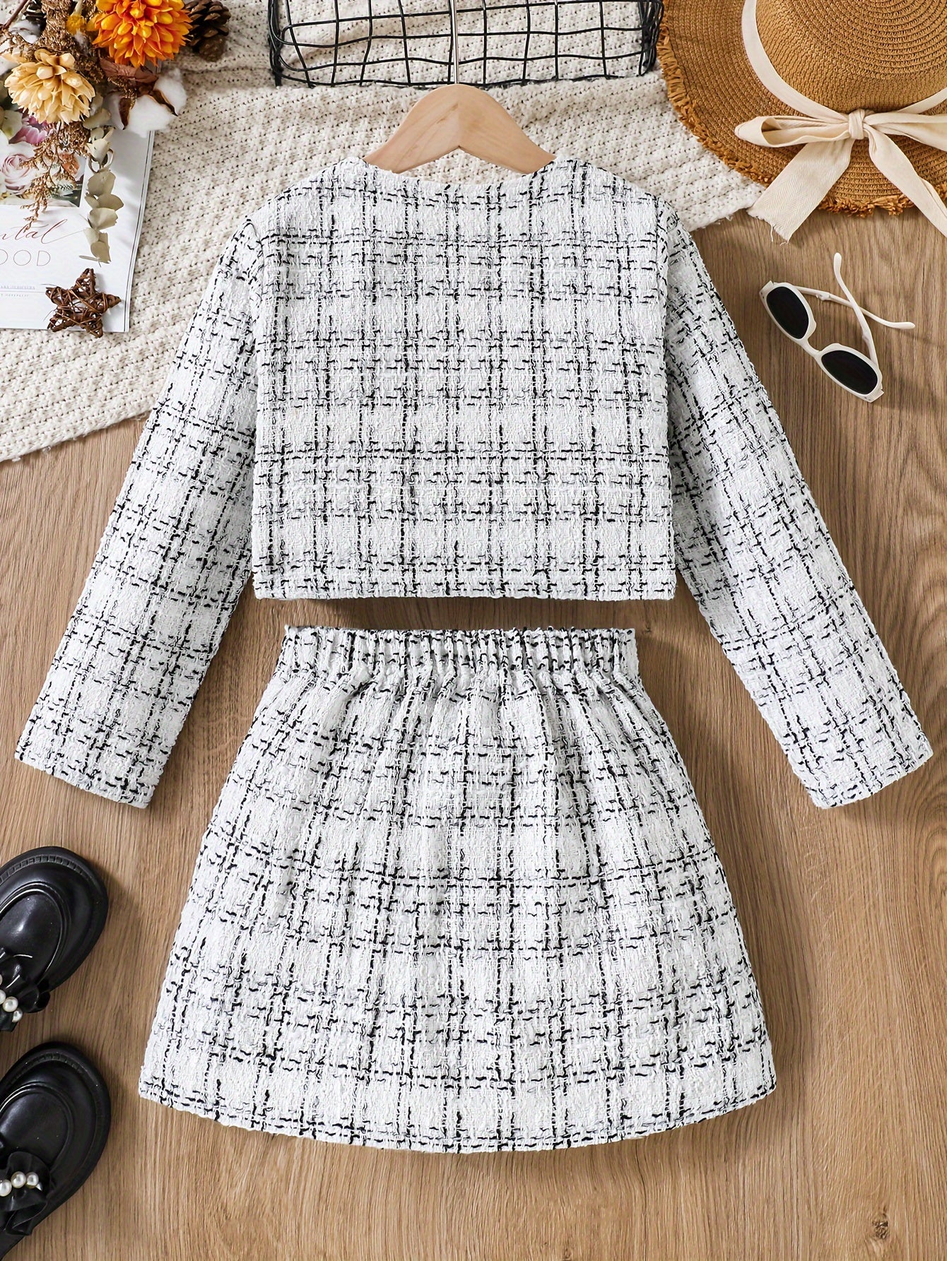 Elegant tweed knit plaid jacket and skirt set for girls, perfect for spring and fall outdoor wear