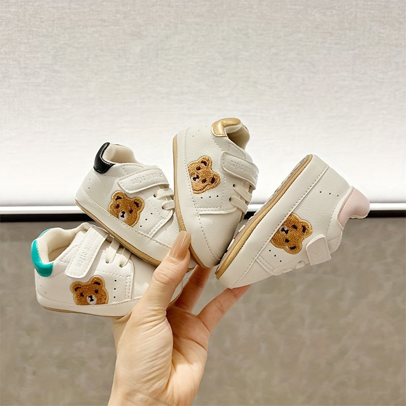 Cute bear sneakers for kids are non-slip and comfortable with easy hook-and-loop closure, ideal for all seasons.