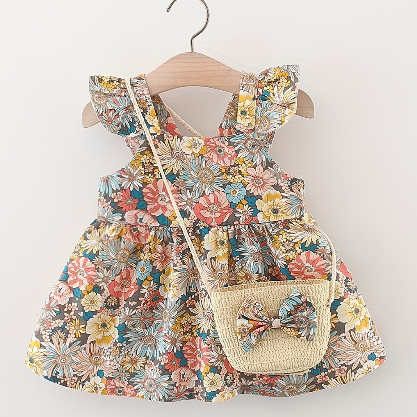 Set of 2 vintage baby girl dresses in cotton for toddlers aged 0-3 years, sleeveless with a matching bag included.