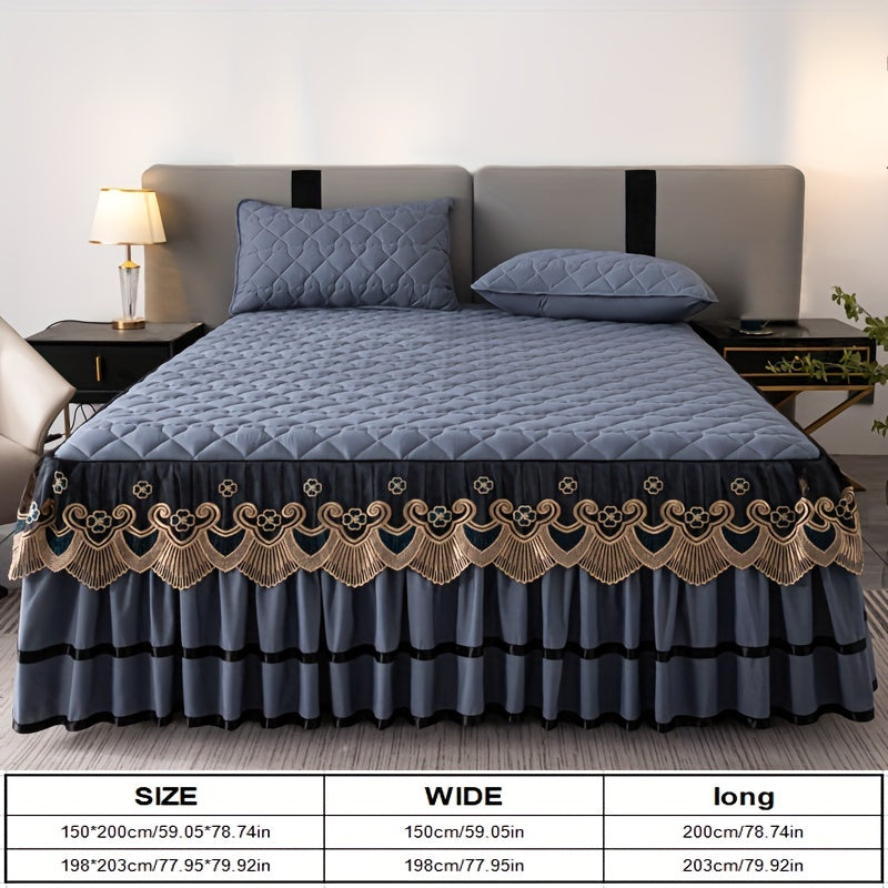 Set of 3 high-quality luxury lace fitted sheets, made with soft and breathable material in a solid color clip design. This bedding set includes a bed skirt style mattress protector, perfect for any bedroom or guest room. Set includes 1 fitted sheet and 2