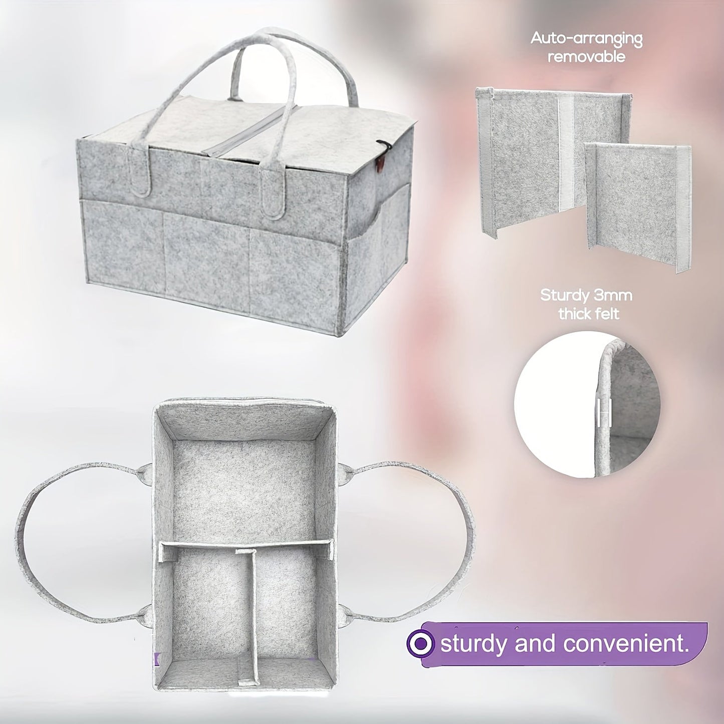 Diaper Organizer Set with Lid - Includes 1pc Felt Diaper Bag Organizer, Diaper Caddy Nursery Basket, Tote Bag, Mommy Handy Organizer, and Stroller Diaper Organizer. Portable for Car Travel in Gray - Great as a Halloween, Thanksgiving, or Christmas Gift!