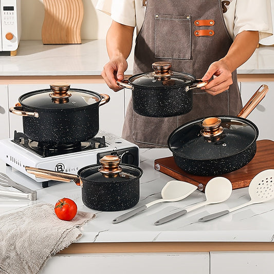 This set includes 12 pieces of stainless steel pots with high temperature resistant non-stick coating. Each pot comes with a high-end gold plated handle and is accompanied by silicone kitchenware and tongs for easy handling. The set consists of 4 pots, 4